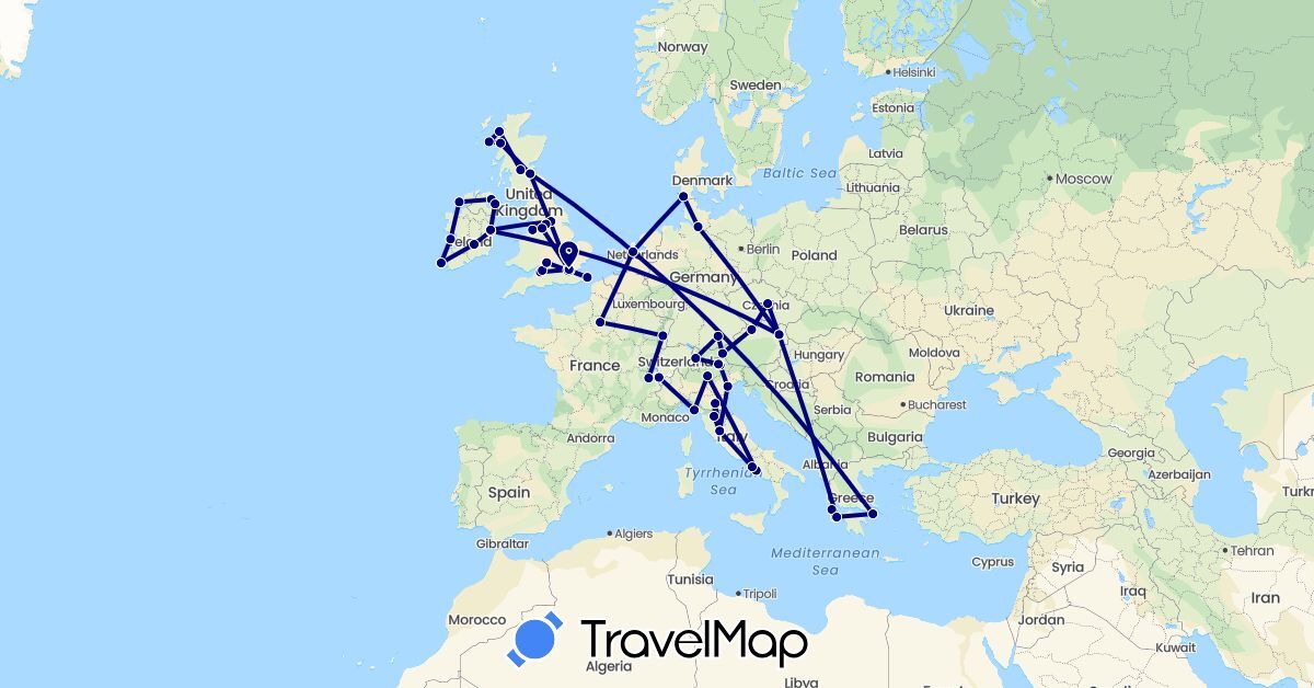 TravelMap itinerary: driving in Austria, Switzerland, Czech Republic, Germany, Denmark, France, United Kingdom, Greece, Ireland, Italy, Netherlands (Europe)